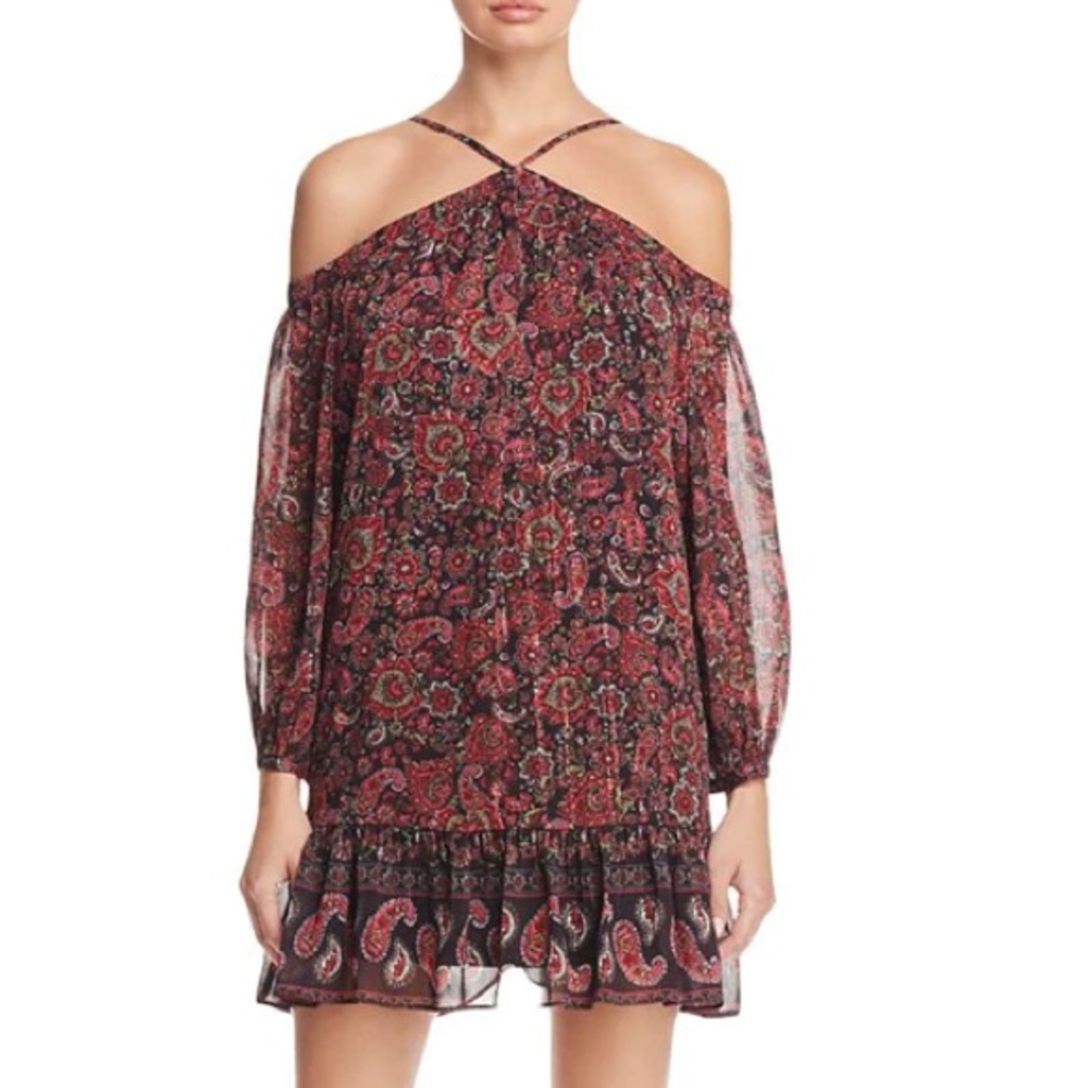 NWT M / XS Aqua red paisley drop shoulder halter neck ruffle sheath mini flounce